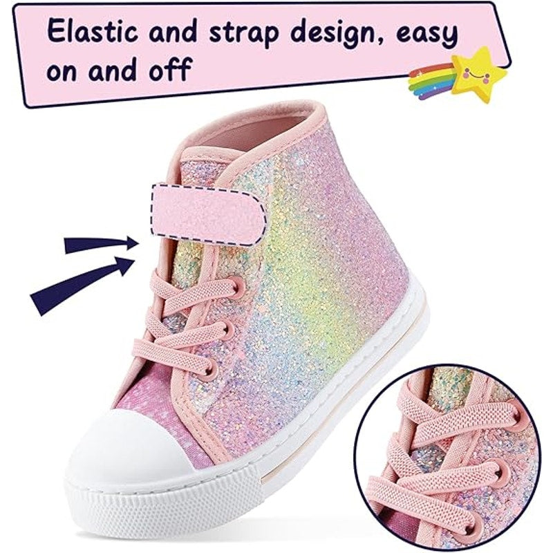 New KomForme Toddler Girl Size 8 Rainbow Glitter Hook Loop Canvas High Top Shoes