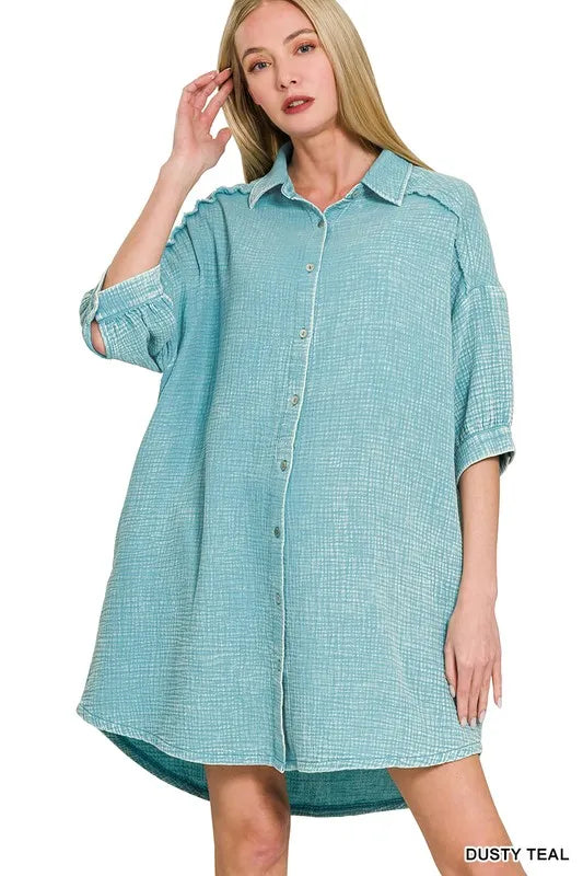 Washed Double Gauze Button Down Shirt Dress
