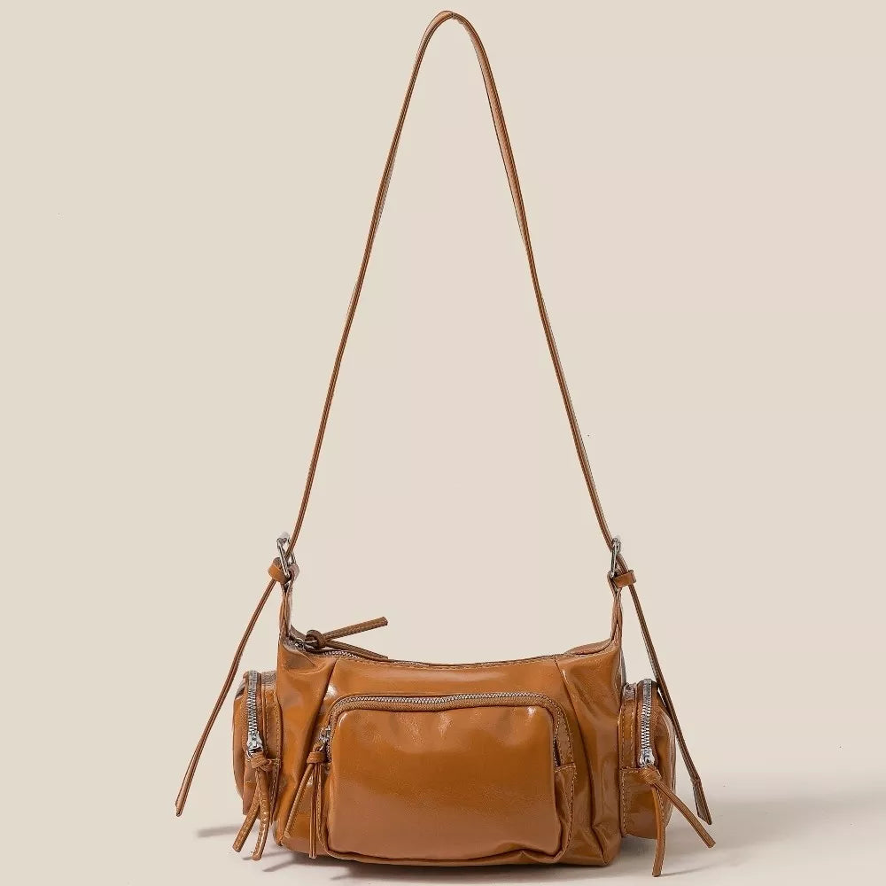 Glossy Faux Leather Multi Pocket Hand Bag