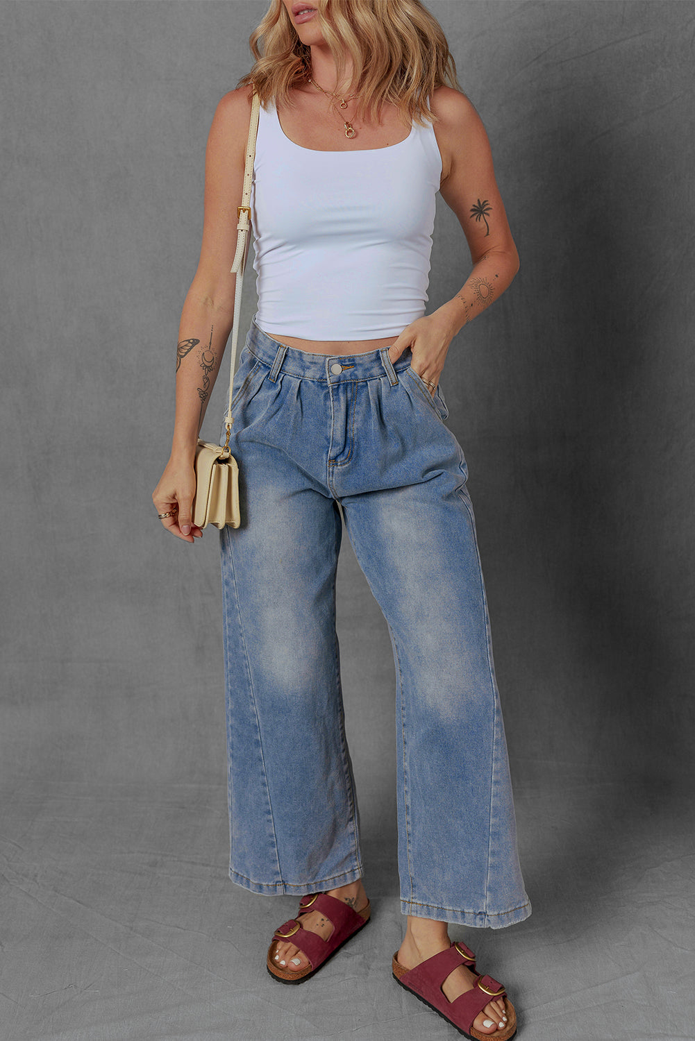 Washed Pleated Detail Wide Leg Jeans