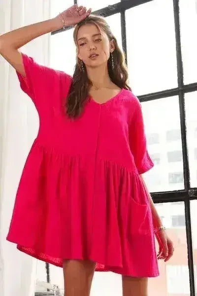 ADORA V-Neck Half Sleeve Dress with Pockets | Femstylo