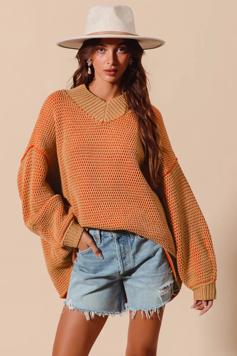 Oversized Two Tone Textured V Neck Sweater