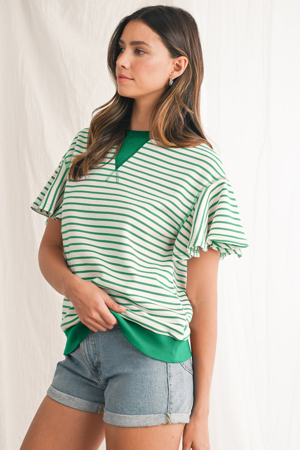 Parchment Striped Ruffle Sleeve Round Neck Top