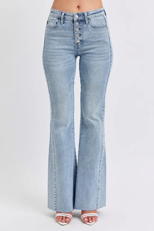 Full Size Mid Rise Rhinestone Side Panel Detail Flare Jeans Plus Size