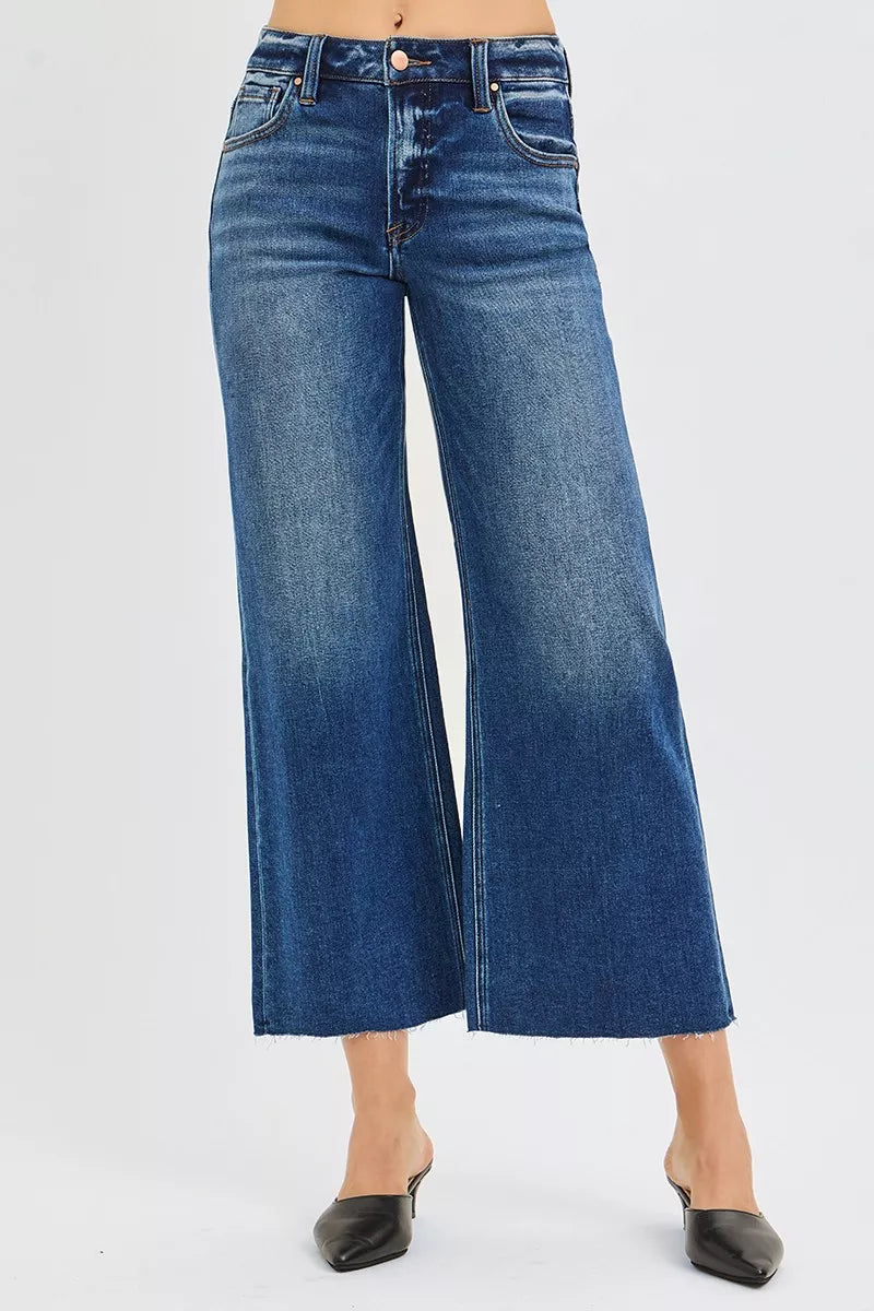 Full Size Mid Rise Crop Wide Raw Cut Hem Jeans Plus Size