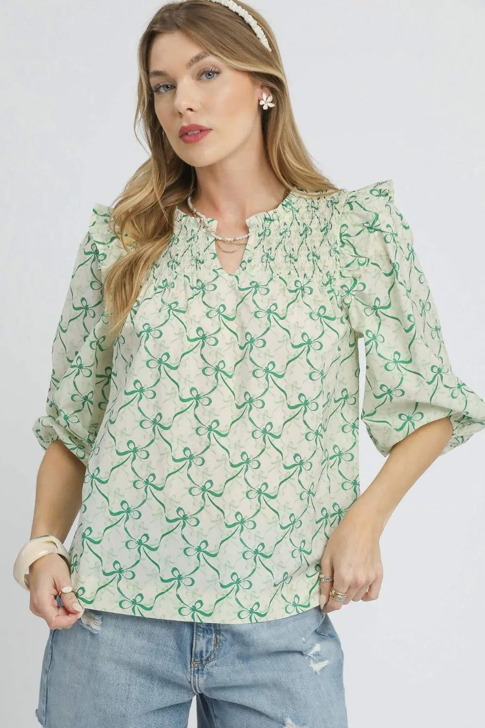 Ruffled Bow Print Notched Blouse