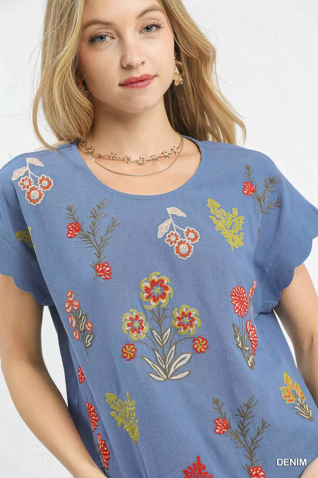 I am a Fashion Junky Embroidered Scallop Sleeve Top with Drawstring Hem
