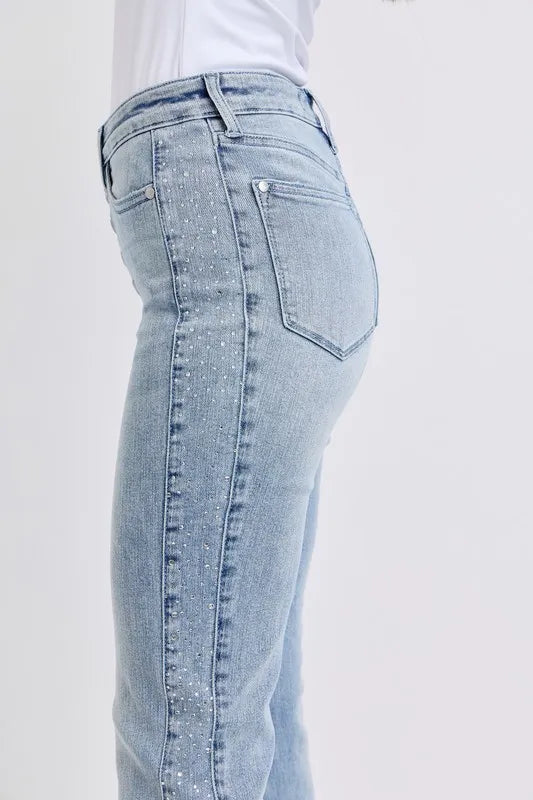 Full Size Mid Rise Rhinestone Side Panel Detail Flare Jeans Plus Size