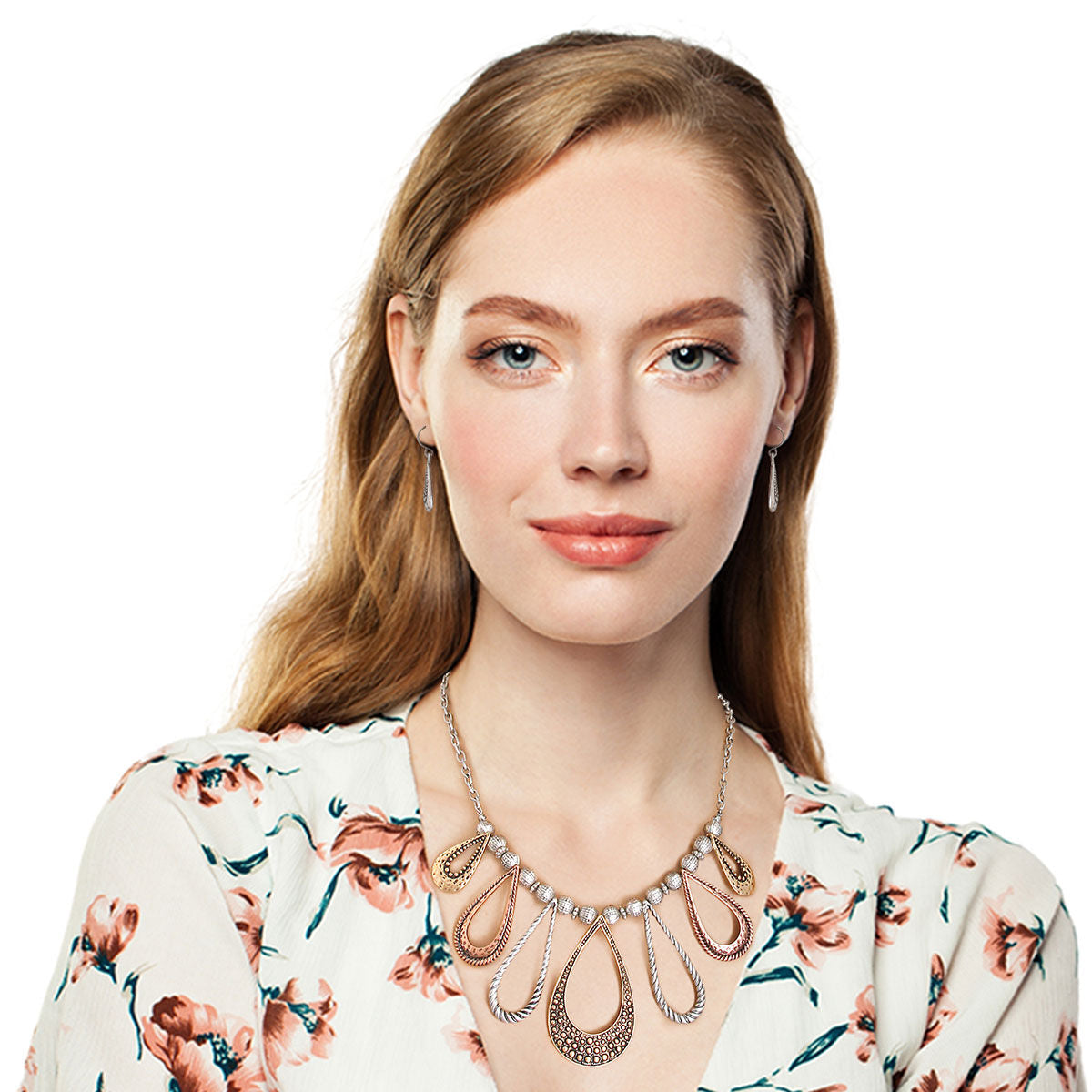 Statement Mixed Metal Burnished Teardrop Necklace Stylish Chic Jewelry Accessory