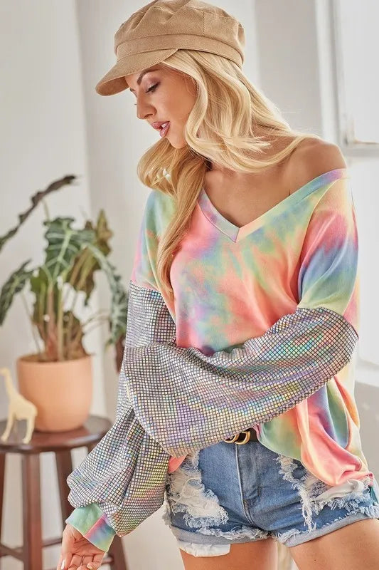 V Neck Tie Dye French Terry Top with Shiny