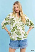 Leafy Damask Print Blouse with Contrast Scalloped Trim Detail