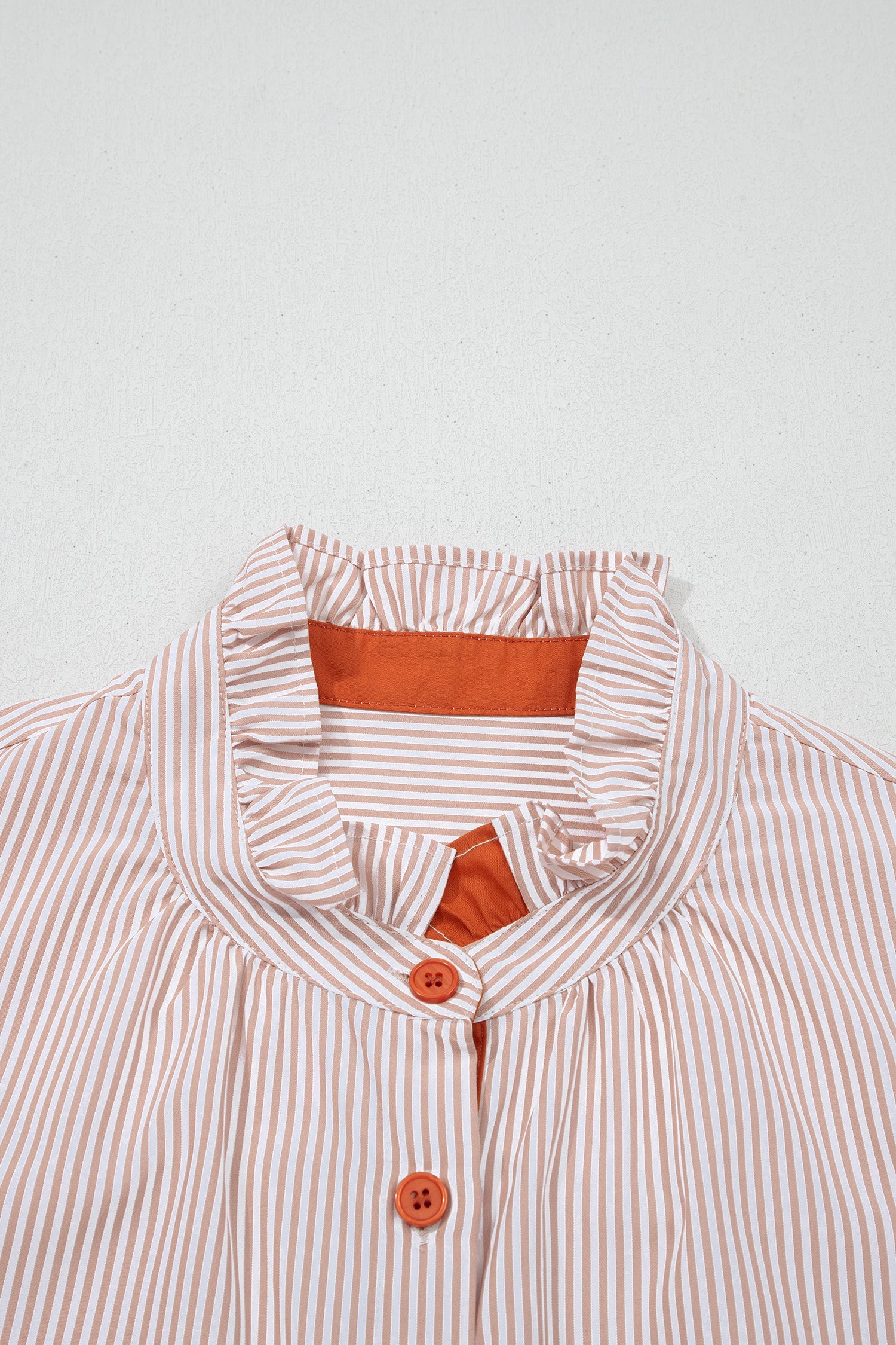 Khaki Stripe Color Block Patchwork Detail Frilled Collar Button Down Shirt