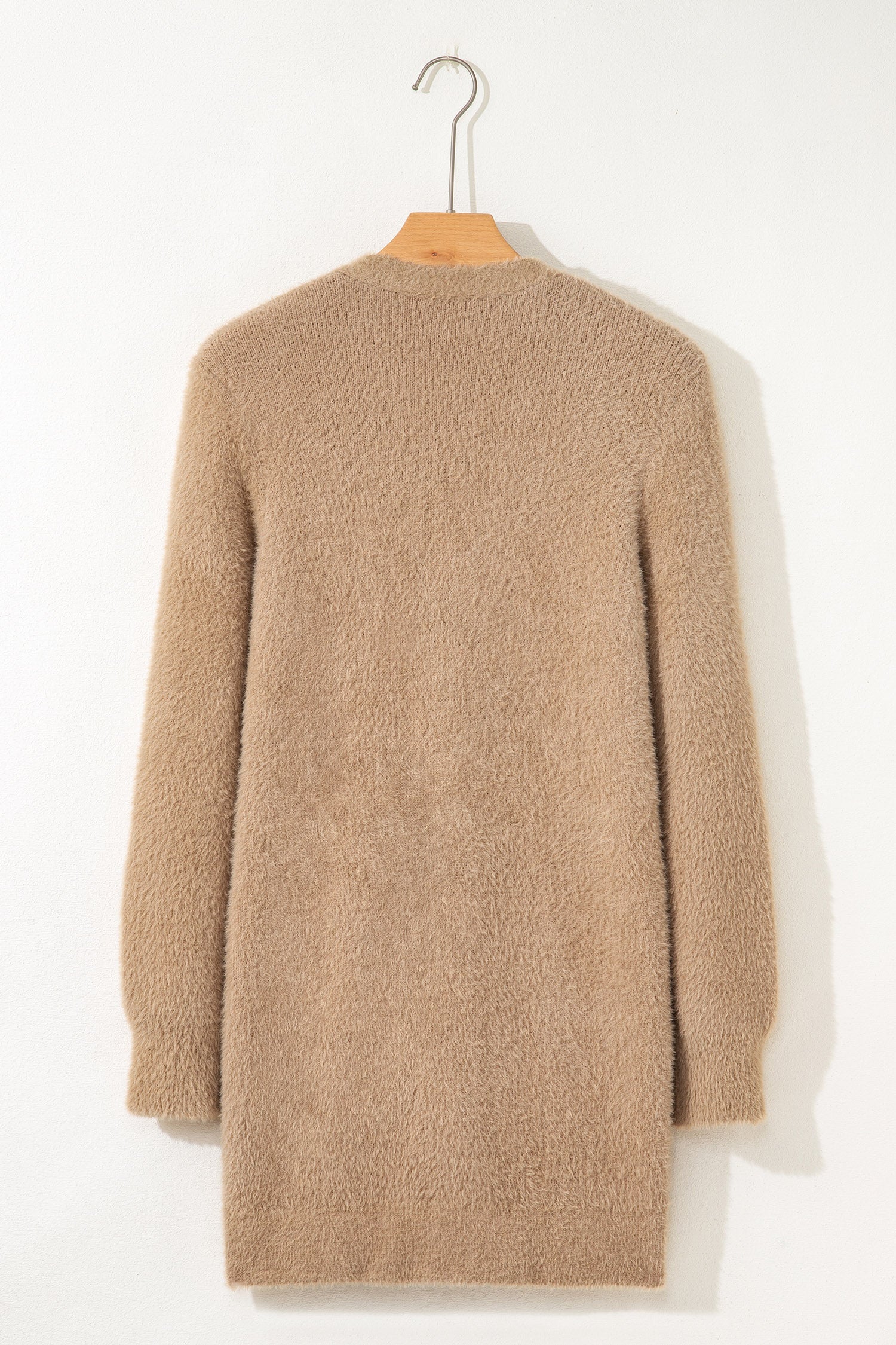 Smoke Gray Fuzzy Buttoned Front Midi Solid Cardigan