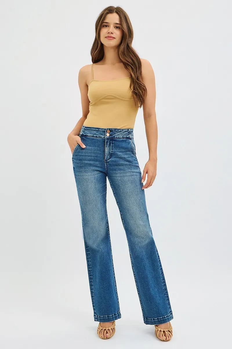 Full Size Tummy Control High Rise Bootcut Jeans with Double Button Waistband Plus Size