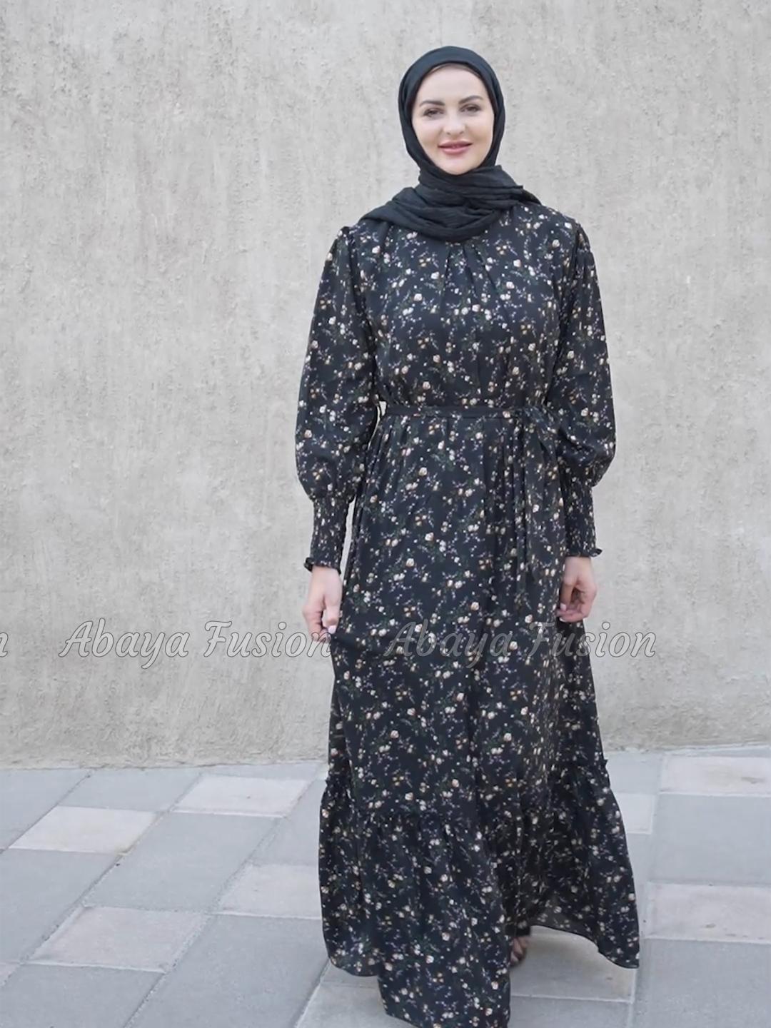Long Dress with Floral Print in black