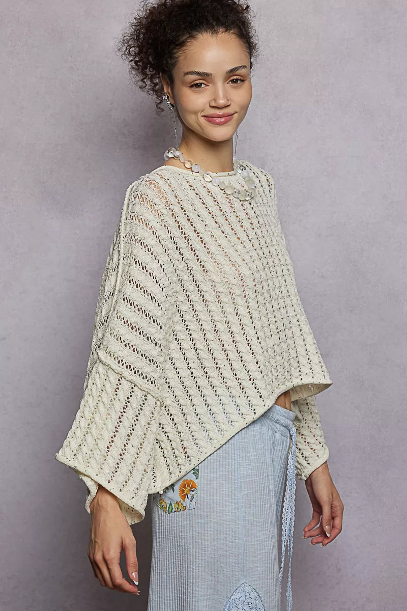 Cable-Knit Openwork Round Neck Cropped Sweater