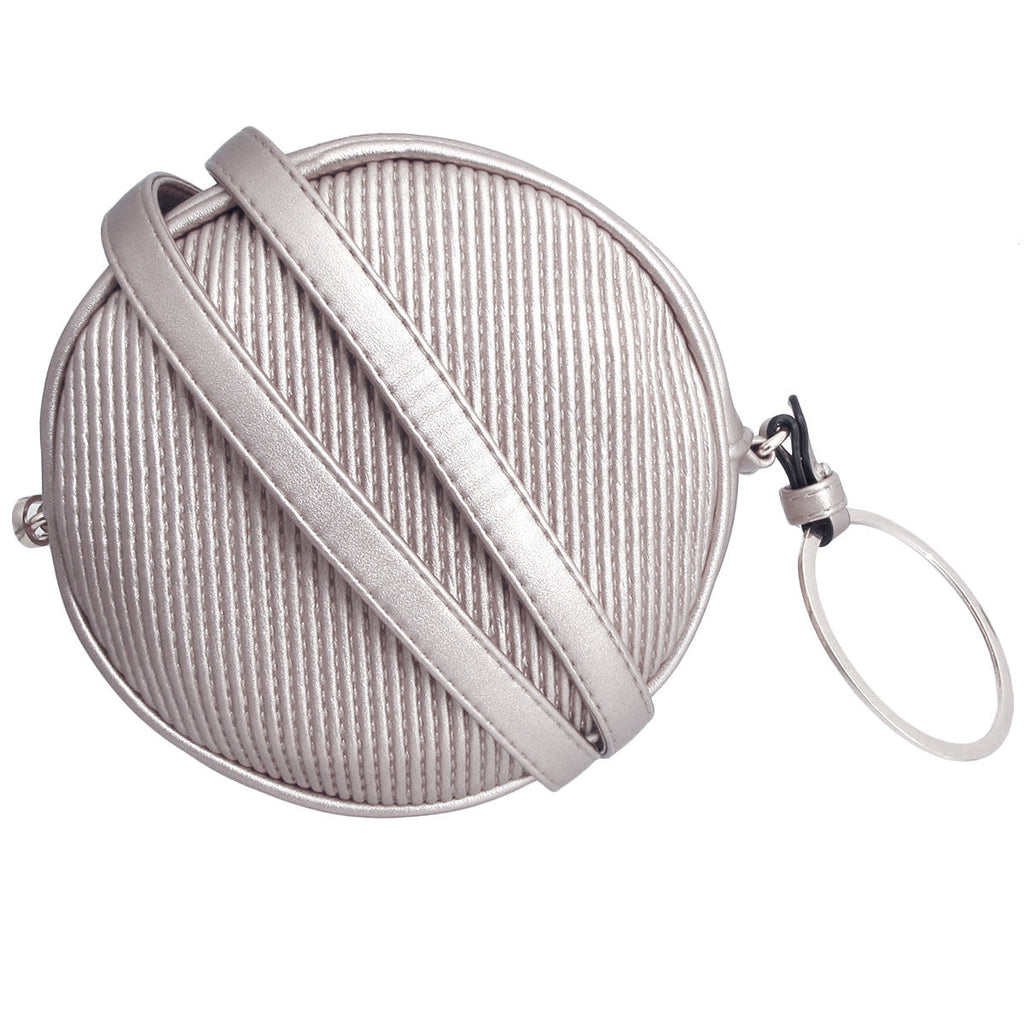 Fashion Wristlet Crossbody Bag Silver Ribbed Circle Stylish Accessory