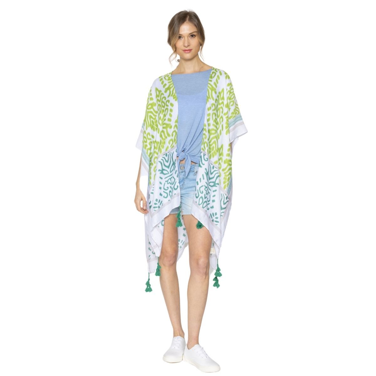 Kimono with Green Damask Print and Tassel Detail – Stylish Casual Layered Outerwear