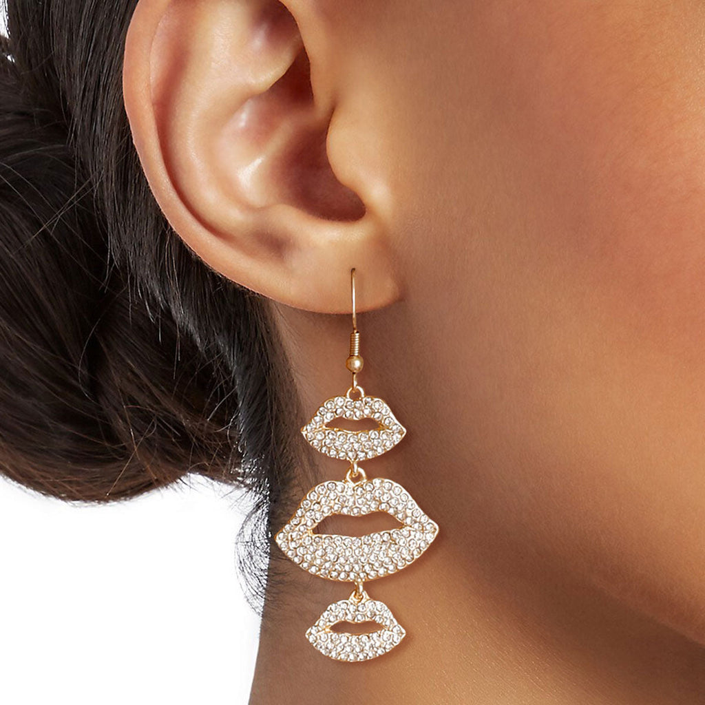 Statement Gold Triple Lips Earrings Stylish Fashion Jewelry Accessory
