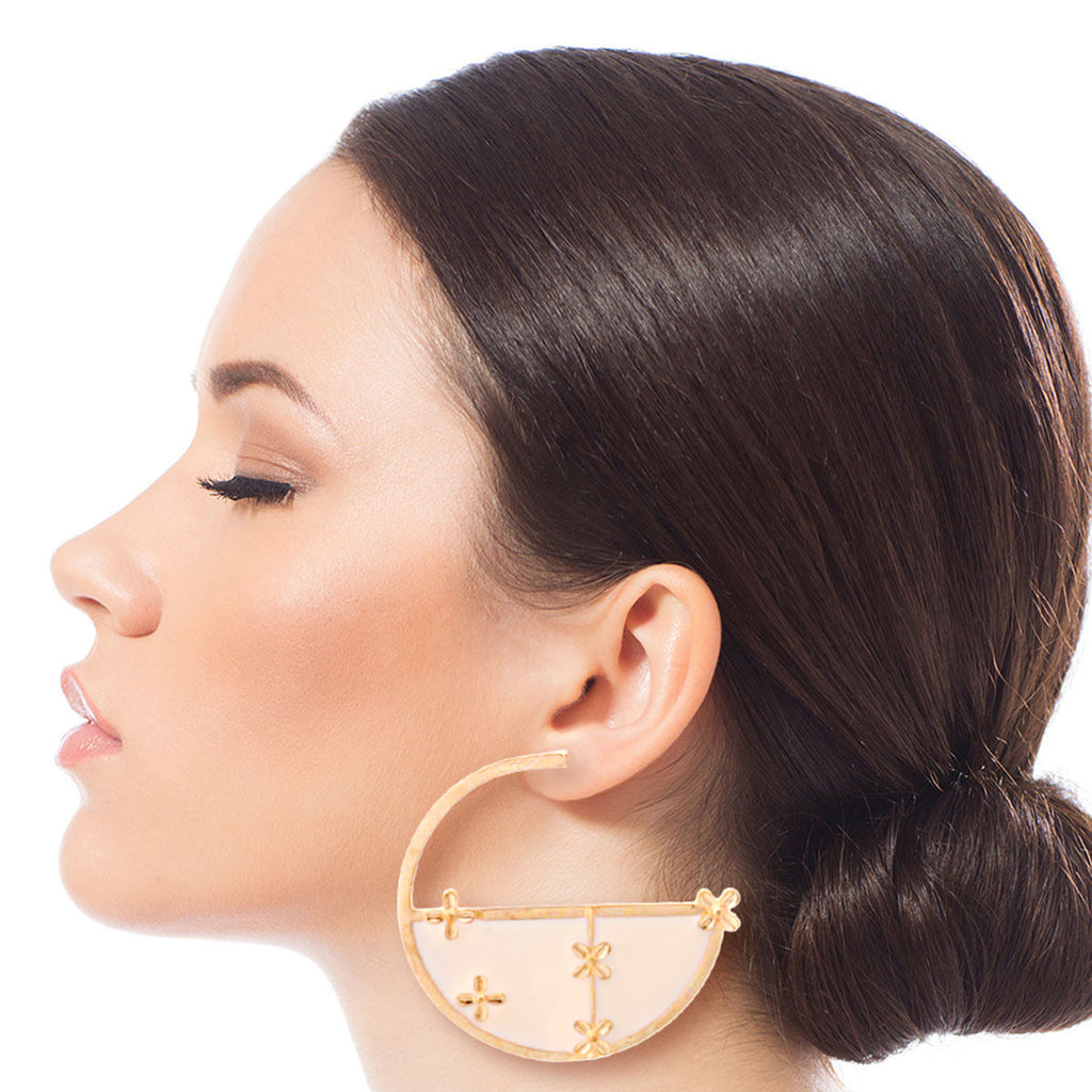 Statement Gold and White Flower Hoop Earrings Stylish Fashion Jewelry