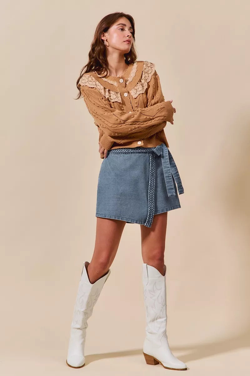 Wrap Braided Trimmed Denim Skort