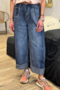 Stitched Raw Hem Wide Leg Loose Jeans
