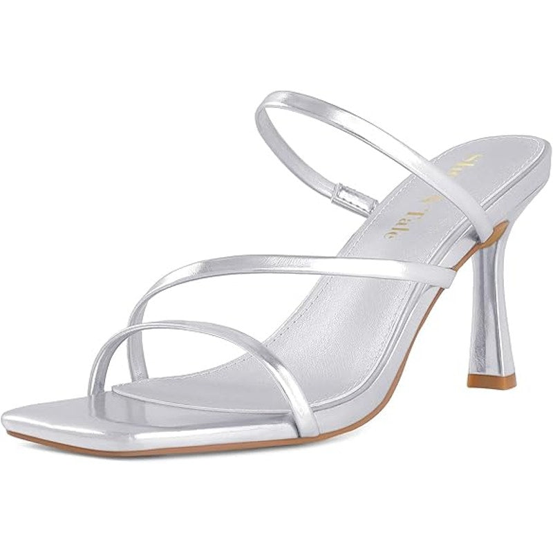 Shoe'N Tale Womens Size 7.5 Shiny Silver Open Toe Slide On 4" Heel Sandal Shoes