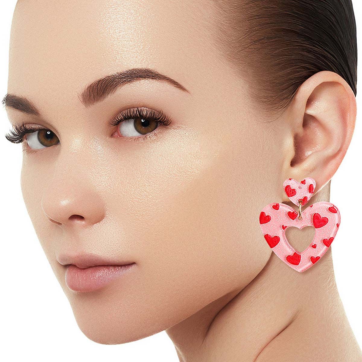 Heart Earrings Pink Red Glitter Stylish Statement Jewelry