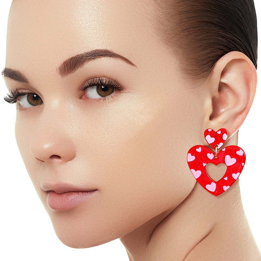 Heart Earrings Red Pink Glitter Stylish Statement Jewelry
