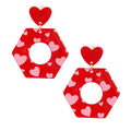 Heart Earrings Red Hexagon Stylish Statement Jewelry