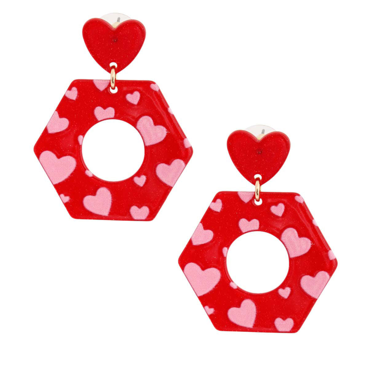 Heart Earrings Red Hexagon Stylish Statement Jewelry