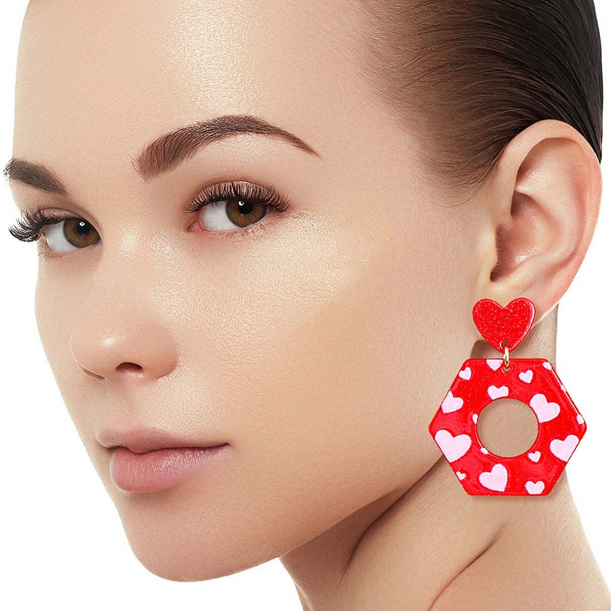 Heart Earrings Red Hexagon Stylish Statement Jewelry
