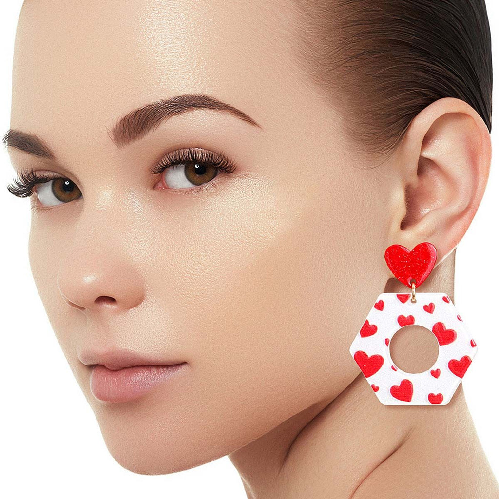 Heart Shaped White Hexagon Earrings Stylish Fashion Jewelry