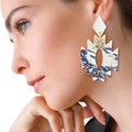 Statement Clay Earrings Blue and White Marbled Aztec Design