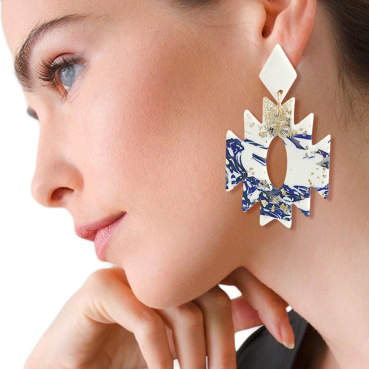 Statement Clay Earrings Blue and White Marbled Aztec Design