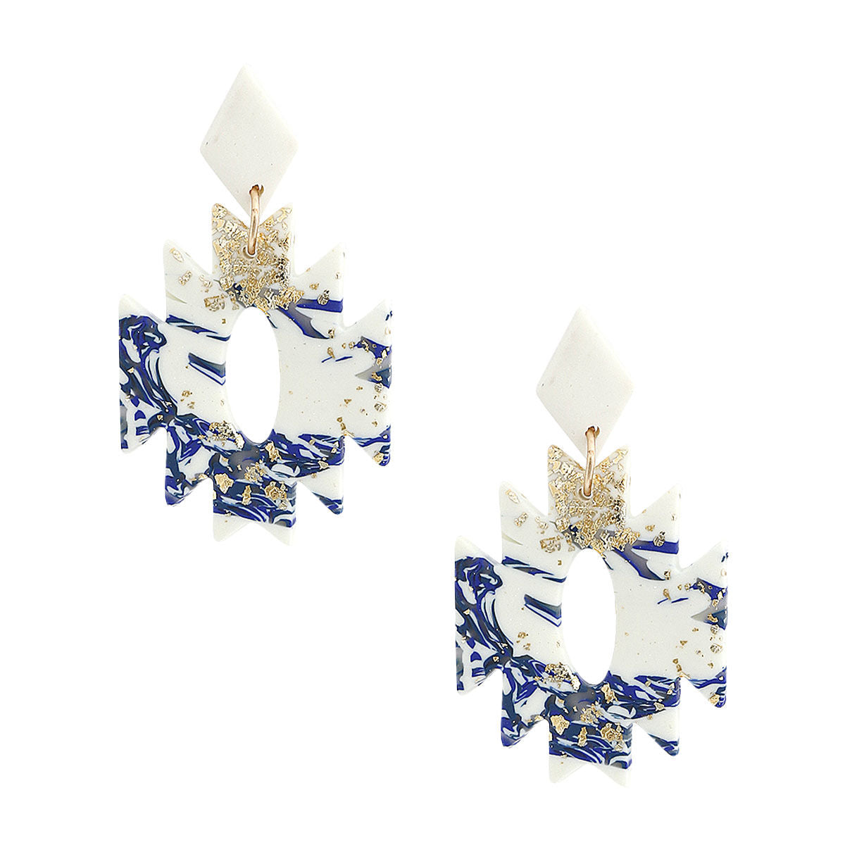 Statement Clay Earrings Blue and White Marbled Aztec Design