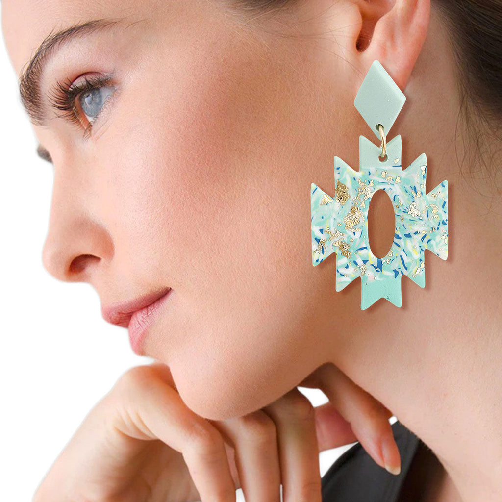 Statement Turquoise Marbled Clay Aztec Earrings Stylish Fashion Jewelry