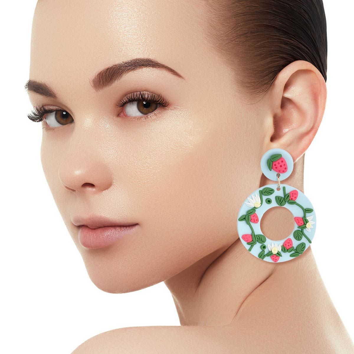Strawberry Donut Statement Earrings in Light Blue Clay – Trendy Fashion Jewelry