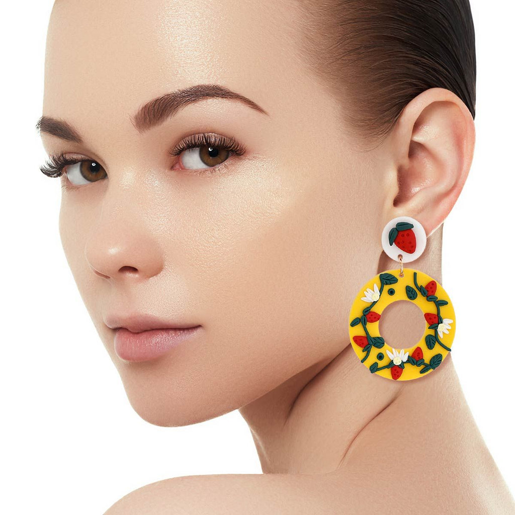 Strawberry Donut Statement Earrings in Yellow Clay – Trendy Fashion Jewelry