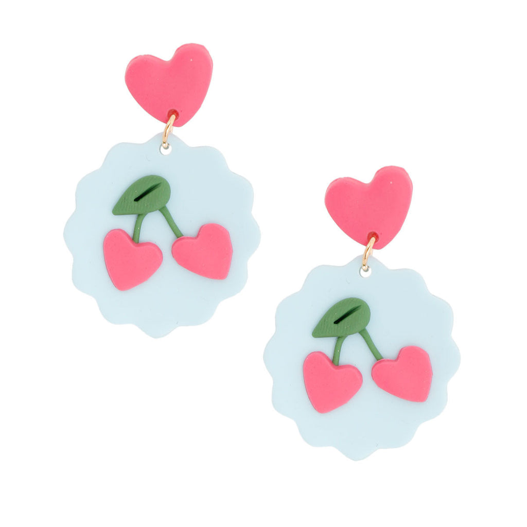 Clay Cherry Earrings in Light Blue and Pink – Trendy Statement Jewelry