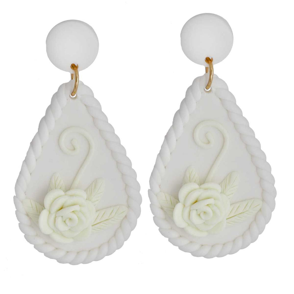 Bridal Earrings White Ivory Clay Teardrop Flower Stylish Statement Jewelry