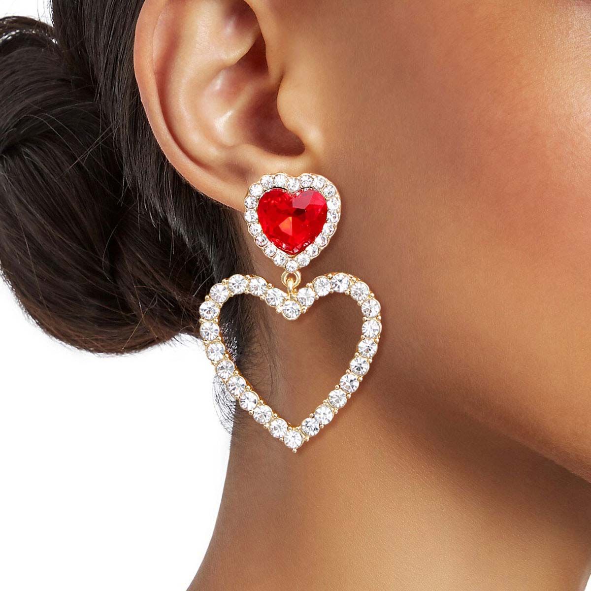 Statement Gold Red Cutout Heart Earrings Stylish Fashion Jewelry