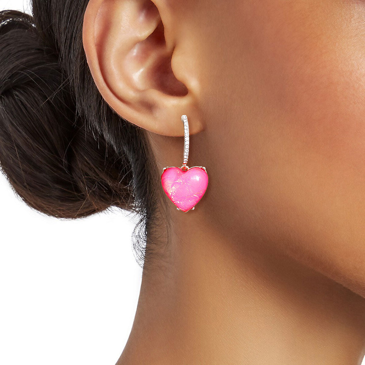Huggie Hoop Earrings Silver with Fuchsia Heart – Trendy Chic Jewelry