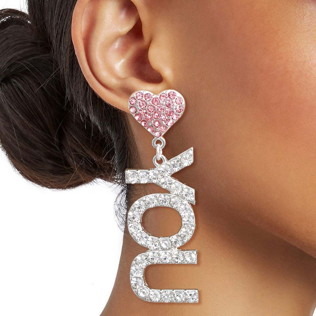 Statement Pink Silver LOVE YOU Earrings Stylish Fashion Jewelry