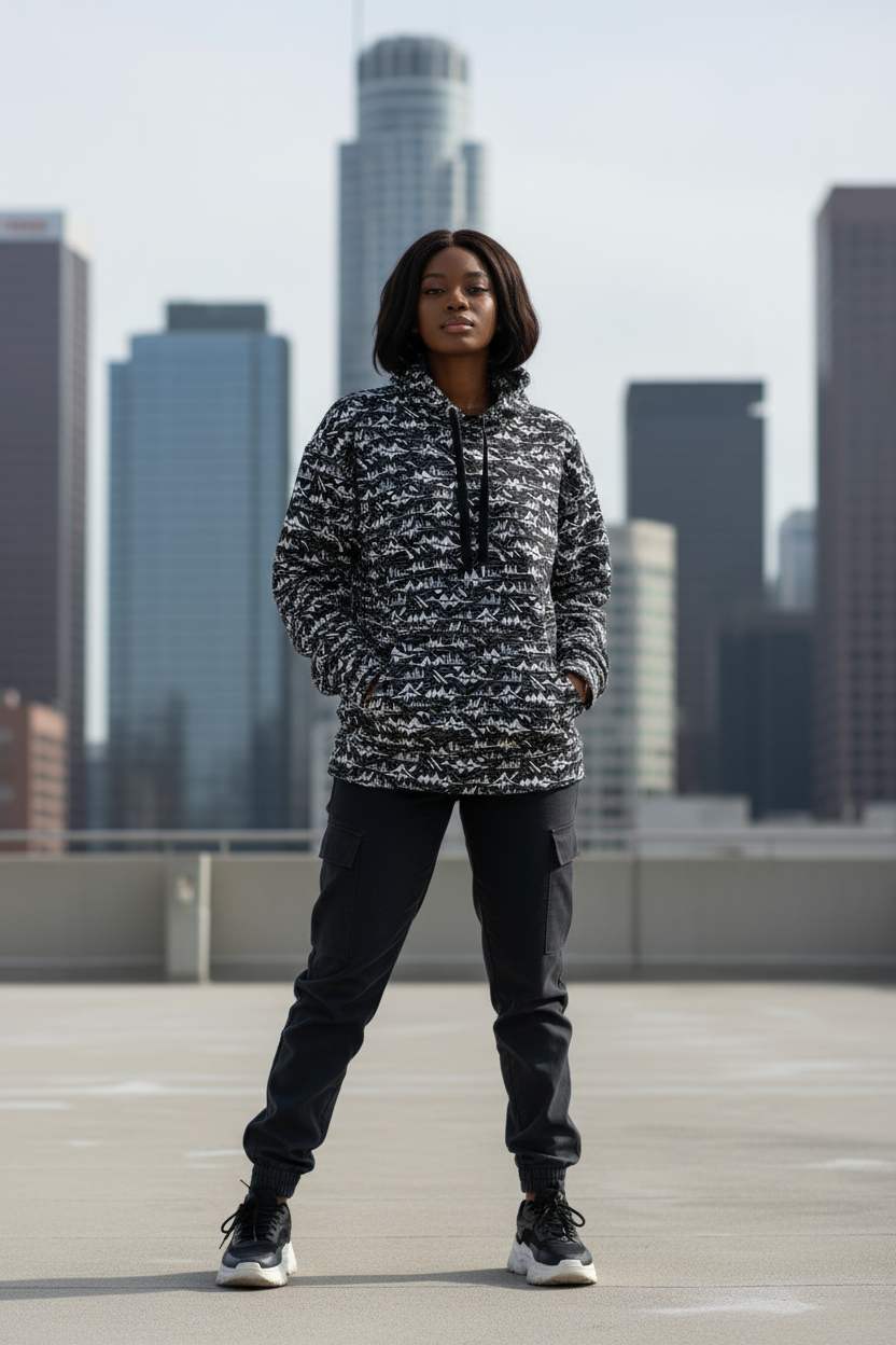 Glitch Soundwave Grid Hoodie – Limited Drop – Black White Neo-Futurist All-Over Print