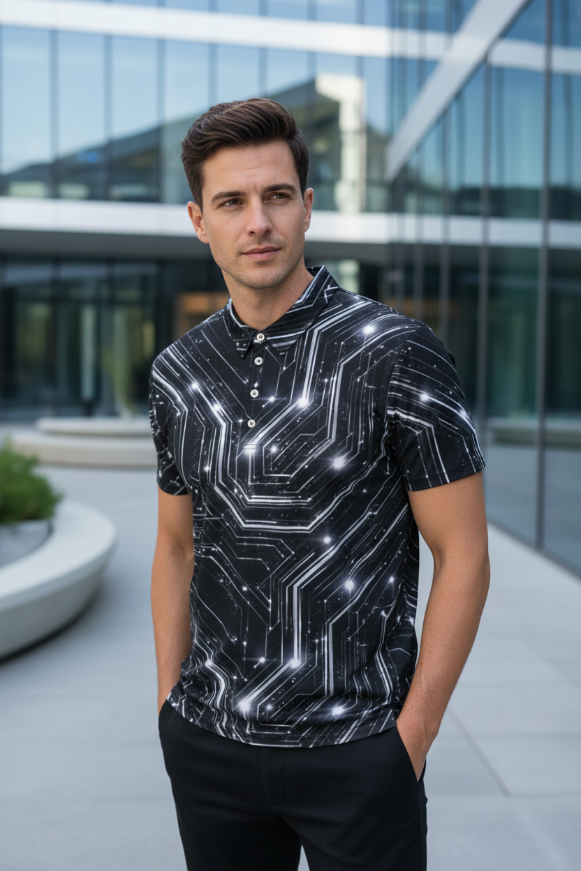 Glitched Circuitry Polo – Limited Drop – Black White Tech All-Over Print Slim Fit