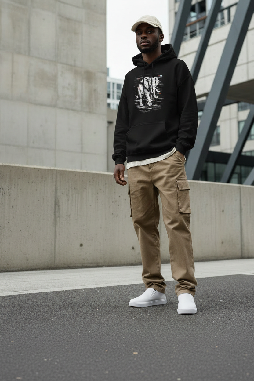 Glitched Elephant Hoodie – Limited Drop – Black White Glitch Line Art Unisex