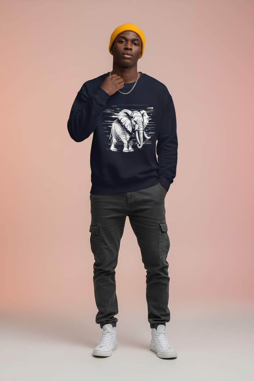 Glitched Elephant Sweatshirt – Limited Drop – Black White Glitch Line Art Unisex