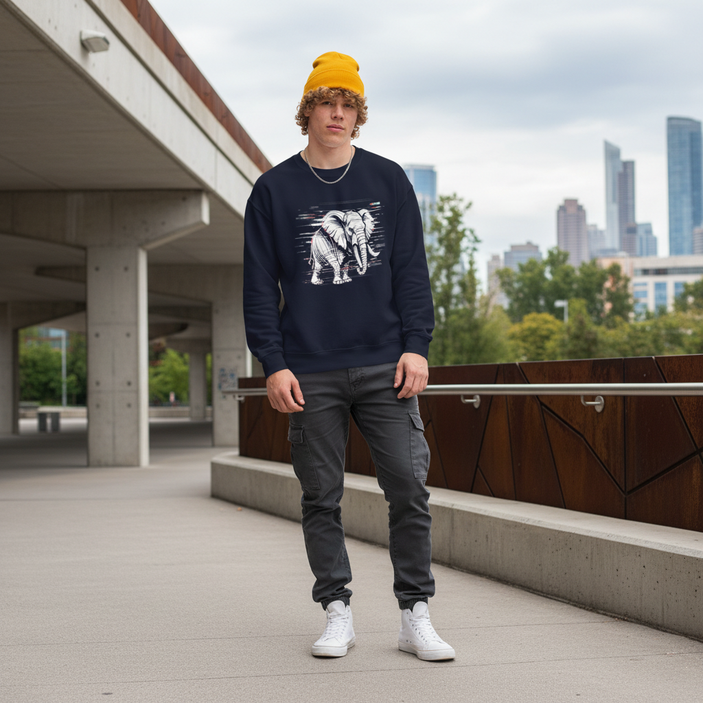 Glitched Elephant Sweatshirt – Limited Drop – Black White Glitch Line Art Unisex