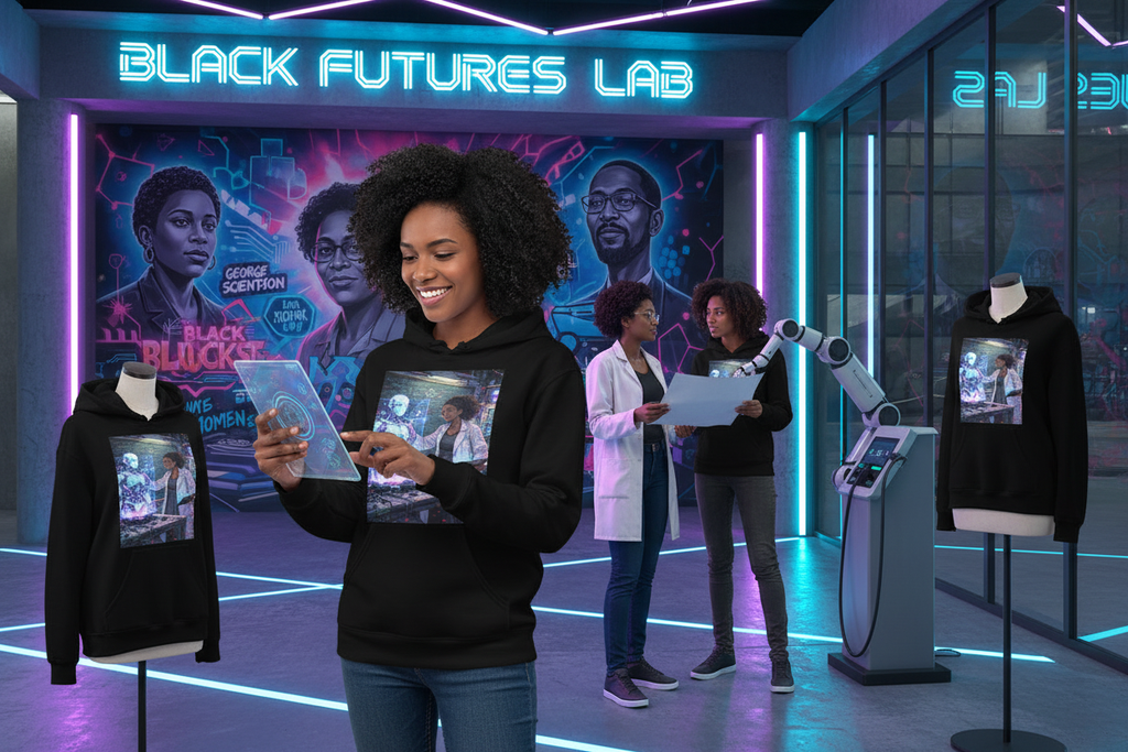 Glitched Genius Hoodie – Limited Drop – Afrofuturism Black Women STEM Robotics Art Unisex